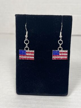 Silver Rhinestone Red White and Blue American Flag Dangle Earrings